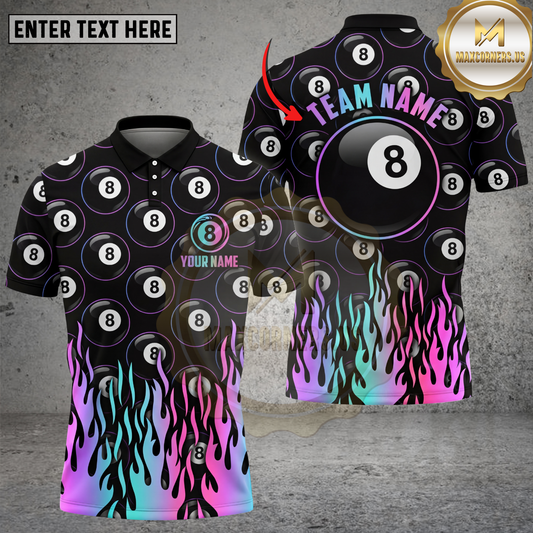 Maxcorners Billiards Polo Shirt Eight Ball Neon Flames Multi Options Personalized Name, Team Name 3D Shirt
