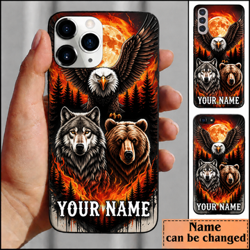 Maxcorners Hunting Wildlife Trio Wolf Bear Eagle Fiery Glowing Moon Customized Name Phone Case