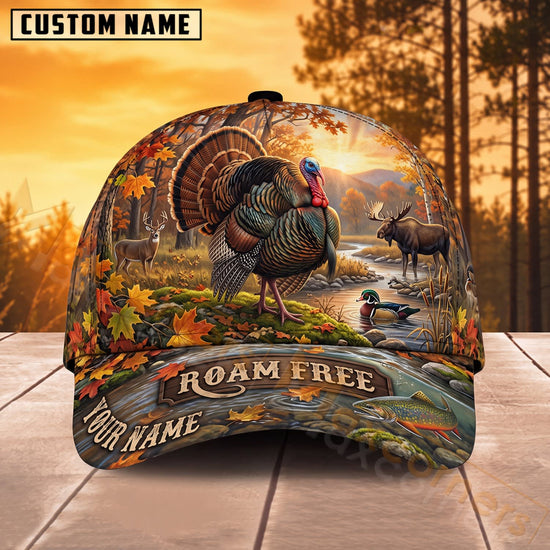 Maxcorners Turkey Hunting Autumn Woodland Roam Free Personalized Name 3D Cap