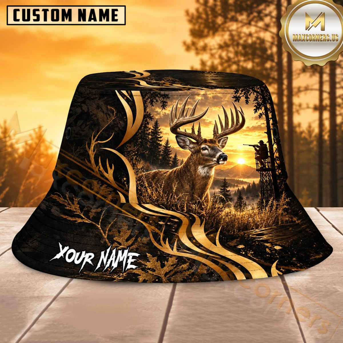 Maxcorners Deer Hunting Golden Tribal Sunset Personalized Name 3D Bucket Hat