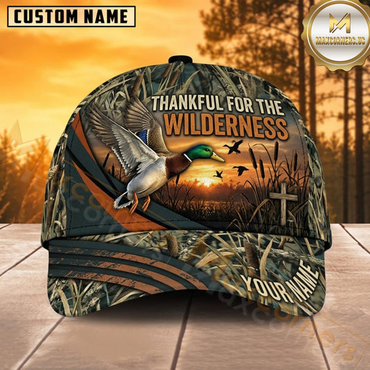 Maxcorners Duck Hunting Mallard Duck Thankful for the Wilderness Cross and Flight Camo Customized Name 3D Cap