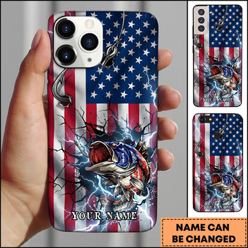 Maxcorners Fishing Phone Case American Flag Lightning Design Personalized Name 3D Phone Case (10 Fish Species)