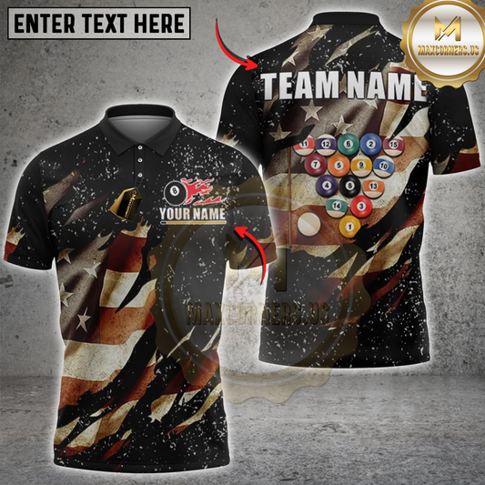 Maxcorners Billiard Vintage American Flag Pool Balls Personalized Name 3D Unisex Shirt