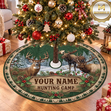 Maxcorners Hunting Deer Moose Rustic Camp Personalized Name 3D Christmas Tree Skirt