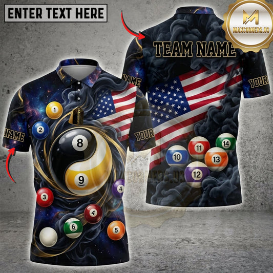 Maxcorners Billiards American Flag Black 8 Ball And Patriotic Pool Balls Personalized Name 3D Unisex Shirt