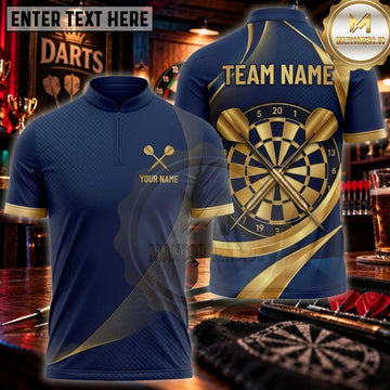 Maxcorners Darts Navy Blue Gold Minimalist Dartboard Personalized Name 3D Unisex Shirt