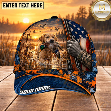 Maxcorners Dog Hunting And Duck American Flag Marsh Sunset Hunting Scene Multiple Options Personalized Name 3D Cap