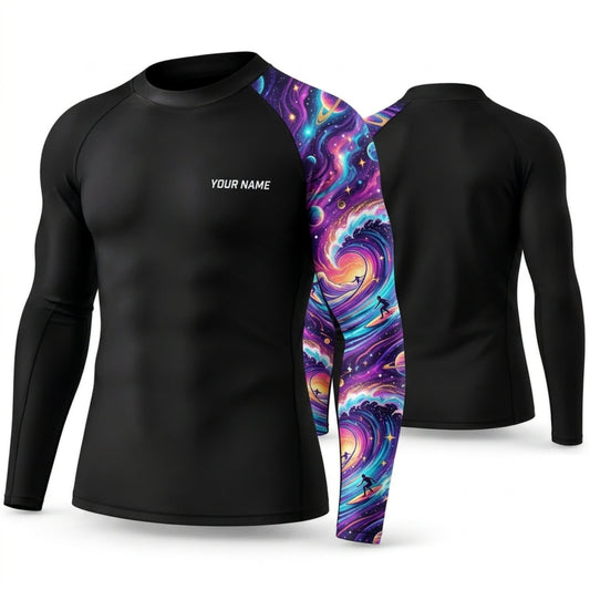 Maxcorners Personalized Galaxy Art Black Shirt with Pink Purple Cosmic Sleeve 3D All Over Printed Shirts, Best Gifts for Galaxy Lovers