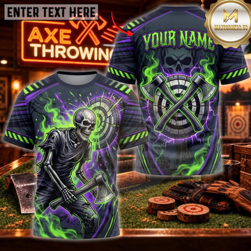 Maxcorners Axe Throwing Neon Green Grim Reaper Personalized Name 3D Unisex Shirt
