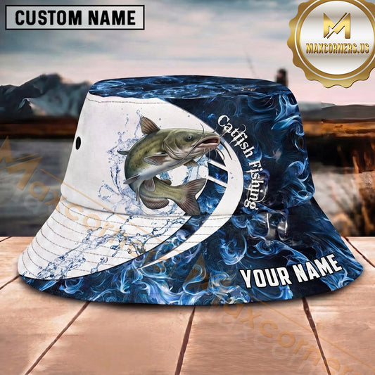 Maxcorners Fishing Blue Smoke Wave Personalized Name 3D Bucket Hat (12 Fish Species)