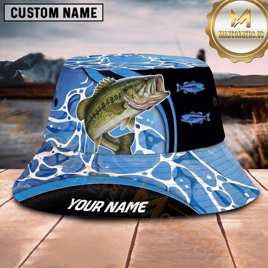 Maxcorners Fishing Blue Water Splash Fishing Design with Bold Hook Personalized Name 3D Bucket Hat (13 Fish Species)