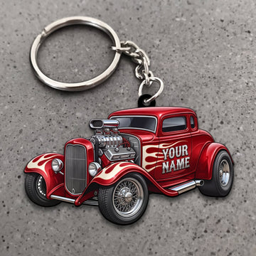 Maxcorners Hot Rod Red Classic Roadster with White Racing Stripes Personalized Name 3D Keychain And Ornament