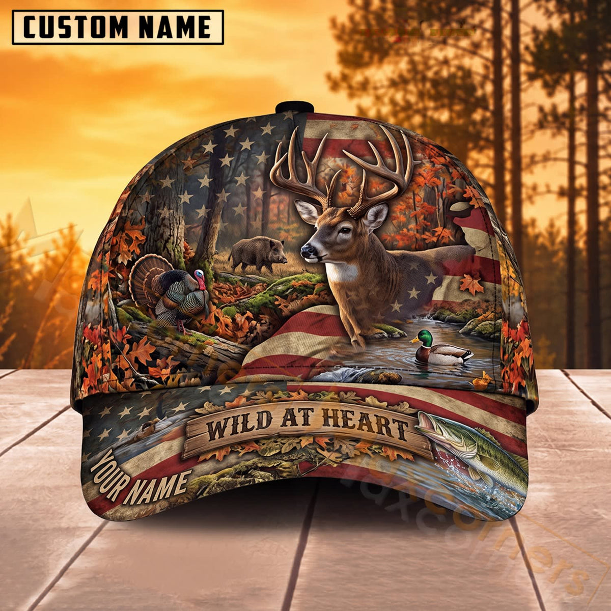 Maxcorners Whitetail Deer Hunting Rustic Woodland Wild At Heart Personalized Name 3D Cap