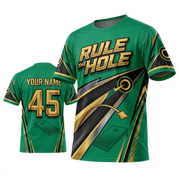 Maxcorners Cornhole Rule The Hole Green Gold Personalized Name 3D Unisex Shirt