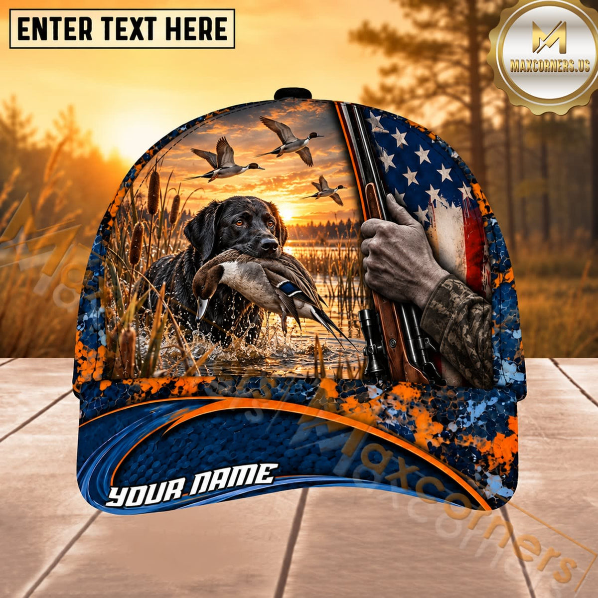Maxcorners Dog Hunting And Duck American Flag Marsh Sunset Hunting Scene Multiple Options Personalized Name 3D Cap