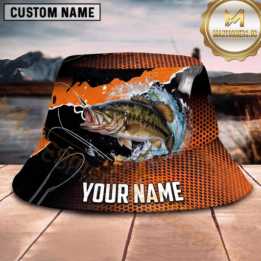Maxcorners Fishing Bold Orange Black Fishing Scene with Dynamic Splash Personalized Name 3D Bucket Hat (13 Fish Species)