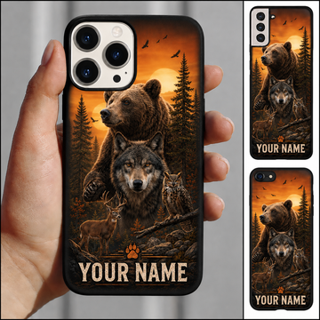 Maxcorners Hunting Forest Wildlife Bear Wolf Horned Owl Orange Sunset Sky Customized Name Phone Case