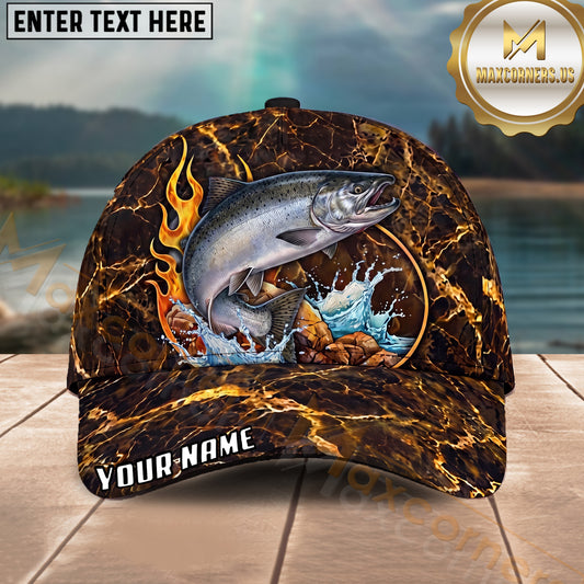Maxcorners Fishing Lava Fire Rock Water Splash Personalized Name 3D Cap (12 Fish Species)