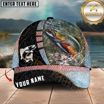 Maxcorners Brook Trout Fishing Colorful Scale Splash Design Personalized Name 3D Cap