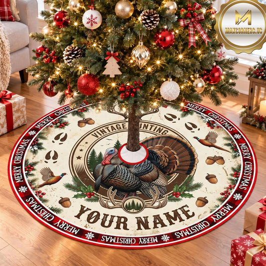 Maxcorners Hunting Turkey Vintage Wildlife Personalized Name 3D Christmas Tree Skirt