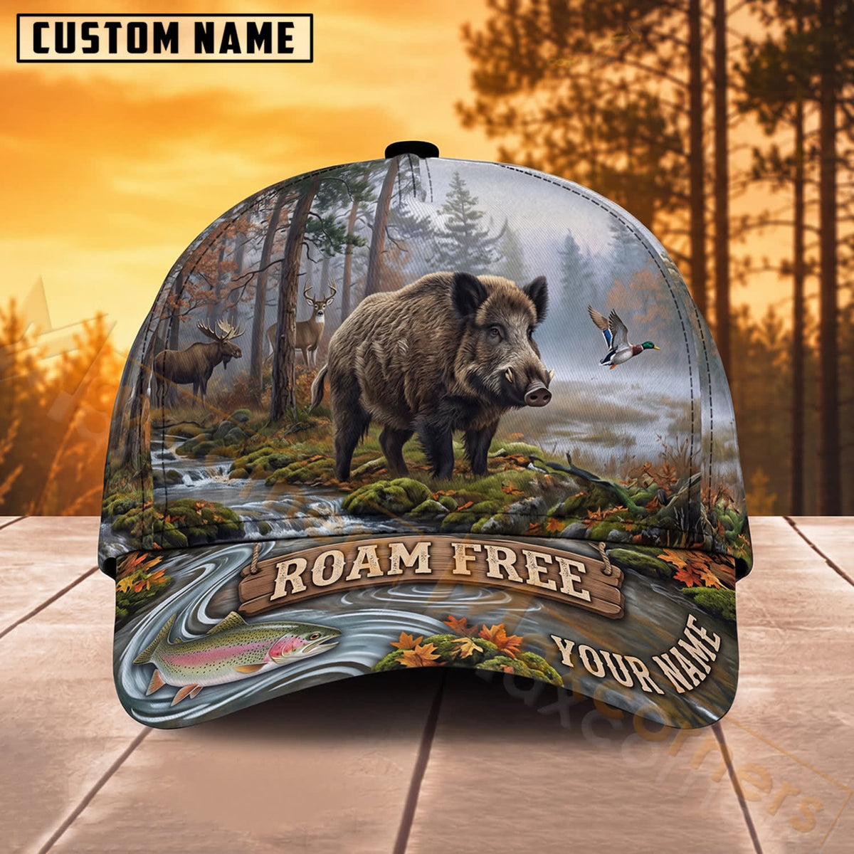 Maxcorners Bear Hunting Winter Wilderness Roam Free Personalized Name 3D Cap