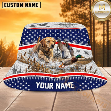 Maxcorners Pheasant Hunting Dog Patriotic Prairie Personalized Name 3D Bucket Hat