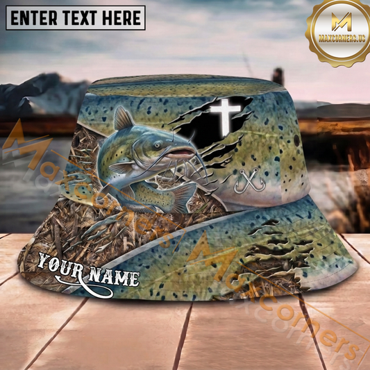 Maxcorners Fishing Camo Faith Hook Personalized Name 3D Bucket Hat (12 Fish Species)