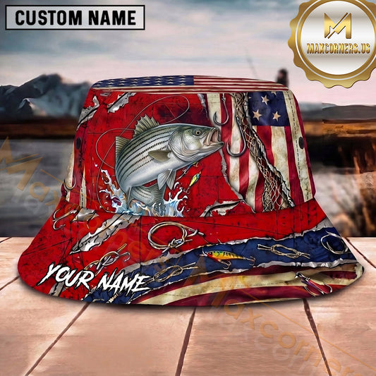 Maxcorners Fishing Green Camo Fishing Adventure with Bold Splash Personalized Name 3D Bucket Hat (13 Fish Species)