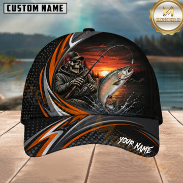 Maxcorners Fishing Skull Angler Orange Wave Personalized 3D Cap
