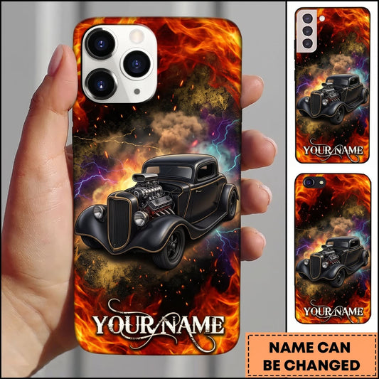 Maxcorners Hot Rod Black Vintage Car with Explosive Fire and Dark Smoke Personalized Name 3D Phone Case