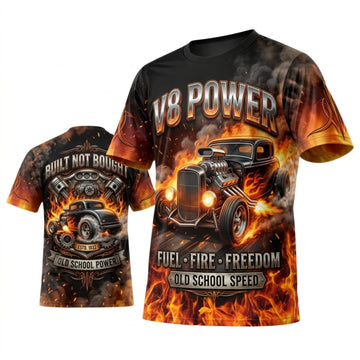 Maxcorners Personalized Car Classic Muscle Car 3D T-Shirt – V8 Powered Black Orange Flaming Street Machine