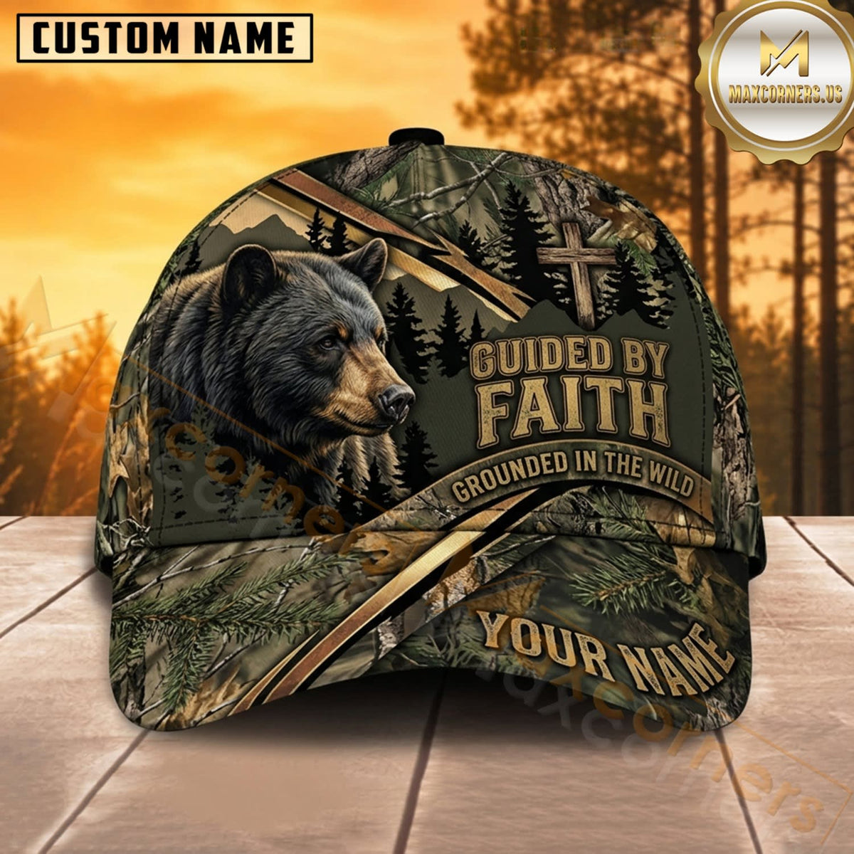 Maxcorners Bear Hunting Black Bear Guided by Faith Woodland Sunset Camo Customized Name 3D Cap