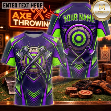 Maxcorners Axe Throwing Purple Green Neon Bullseye Personalized Name 3D Unisex Shirt
