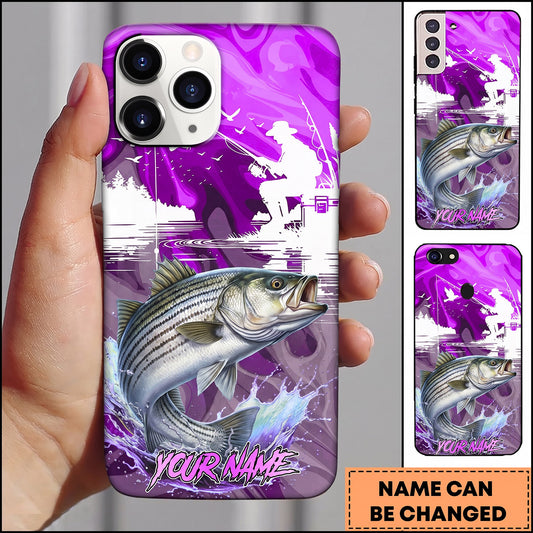 Maxcorners Fishing Vintage Purple Fishing Scene with Silhouette Angler and Dynamic Water Splash Personalized Name Phone Case (13 Fish Species)