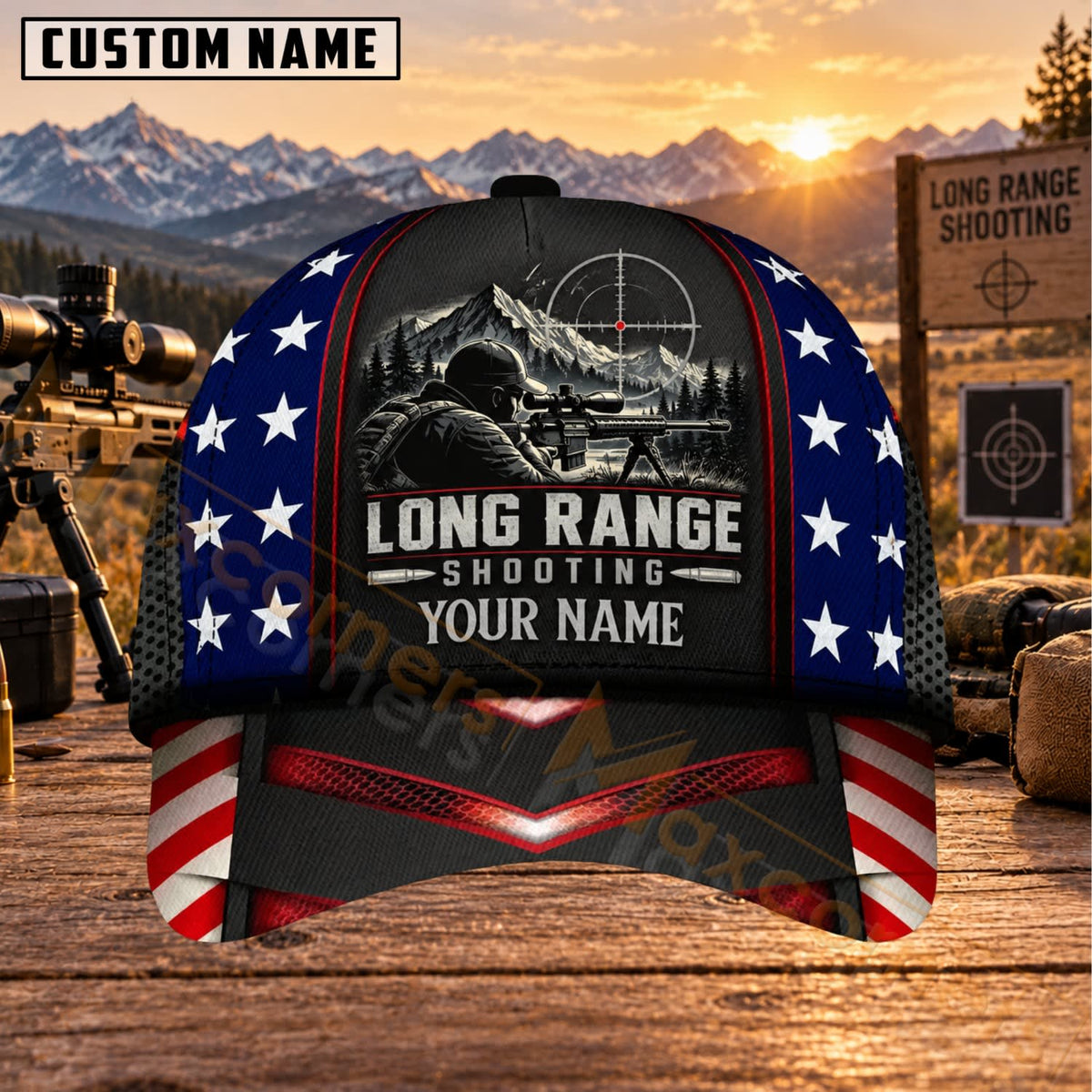 Maxcorners Long Range Shooting American Flag Sniper Rifle Personalized Name 3D Cap