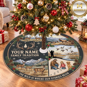 Maxcorners Hunting Wildlife Family Tradition Collage Personalized Name 3D Christmas Tree Skirt