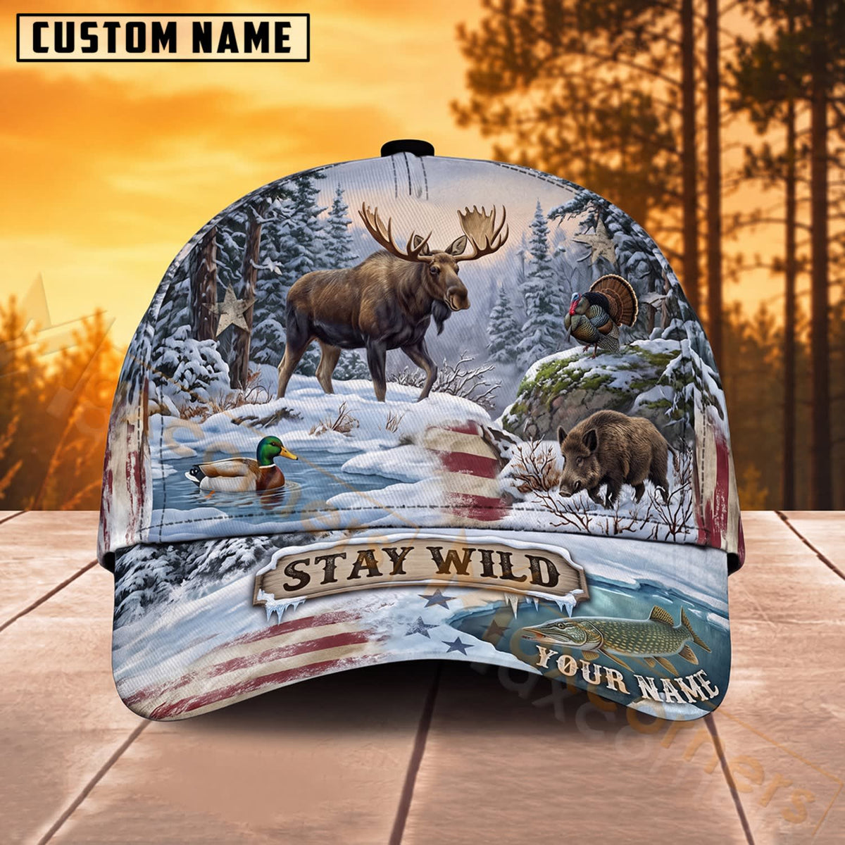 Maxcorners Moose Hunting Winter Wilderness Stay Wild Personalized Name 3D Cap