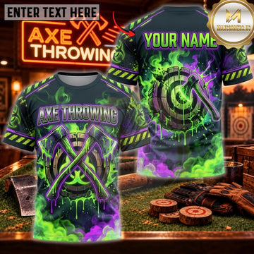Maxcorners Axe Throwing Toxic Green Lightning Axes Personalized Name 3D Unisex Shirt