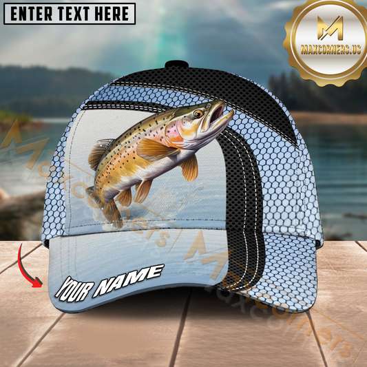 Maxcorners Trout Fishing Blue Net Pattern Design Personalized Name 3D Cap