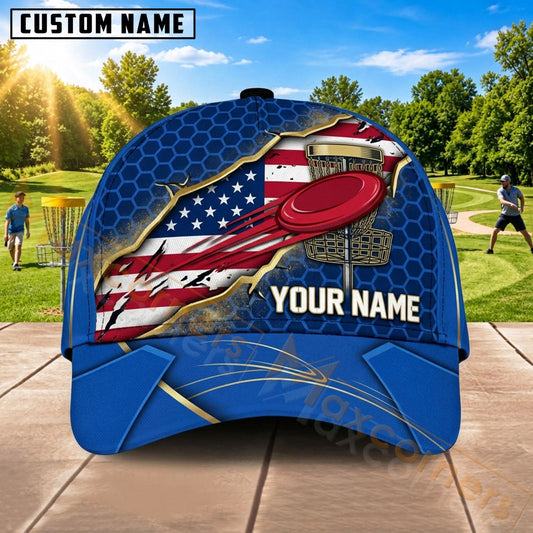 Maxcorners Disc Golf American Flag & Dynamic Blue Flying Disc Graphic Customized Name 3D Cap