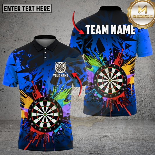 Maxcorners Dart Polo Shirt Color Splash Dartboard Graphic Multicolor Options Personalized Name, Team Name 3D Shirt (4 Colors)