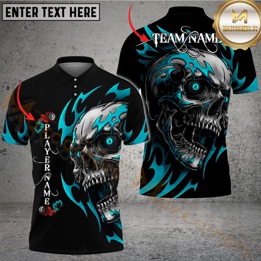 Maxcorners Billiard Pool 8 Ball Flame Skull Personalized Name Men And Women 3D Polo Shirt Custom Billiard Team Jersey (4 Colors)