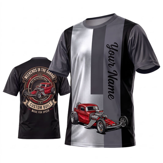 Maxcorners Personalized Car Classic Muscle Car 3D T-Shirt – Vintage Black Yellow Racing Stripes and Red Muscle Car