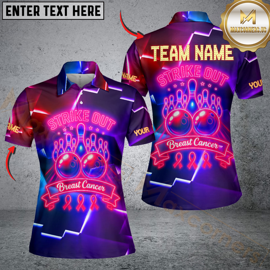 Maxcorners Bowling Strike Out Breast Cancer Neon Style Personalized Name, Team Name Unisex 3D Shirt For Women