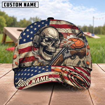Maxcorners Trap & Skeet Shooting American Flag Skull Shooter Personalized Name 3D Cap