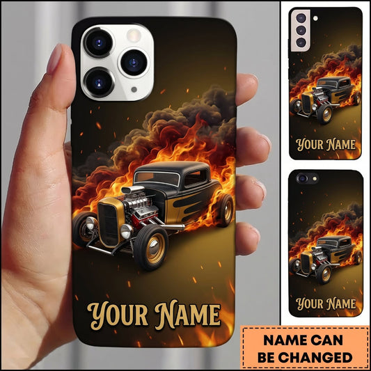 Maxcorners Hot Rod Black Vintage Car with Golden Flame and Explosive Smoke Personalized Name 3D Phone Case