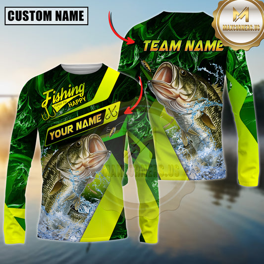 Maxcorners Fishing Green Neon Splash Water Artwork Multicolor Options Personalized Name, Team Name 3D Long Sleeve Shirt ( 12 Fish Species)