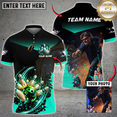 Maxcorners Bowling Blue Strike Pins & Ball Splash Multicolor Customized Name, Team Name And Photo 3D Shirt