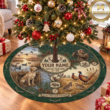 Maxcorners Hunting Deer Wildlife Rustic Lodge Personalized Name 3D Christmas Tree Skirt