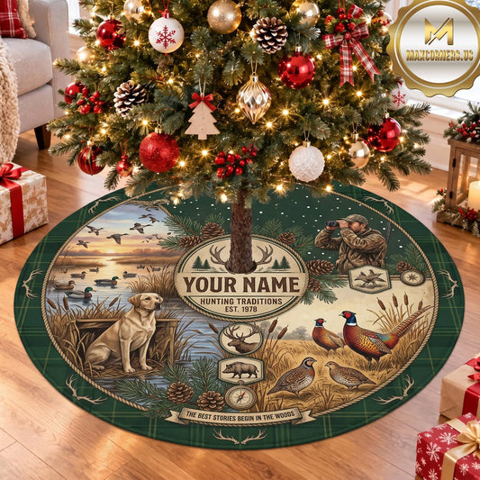 Maxcorners Hunting Deer Wildlife Rustic Lodge Personalized Name 3D Christmas Tree Skirt